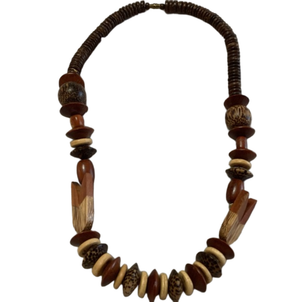 Handcrafted Retro 1970s Style Carved Wood Beaded Necklace, Neutral Earthy Boho